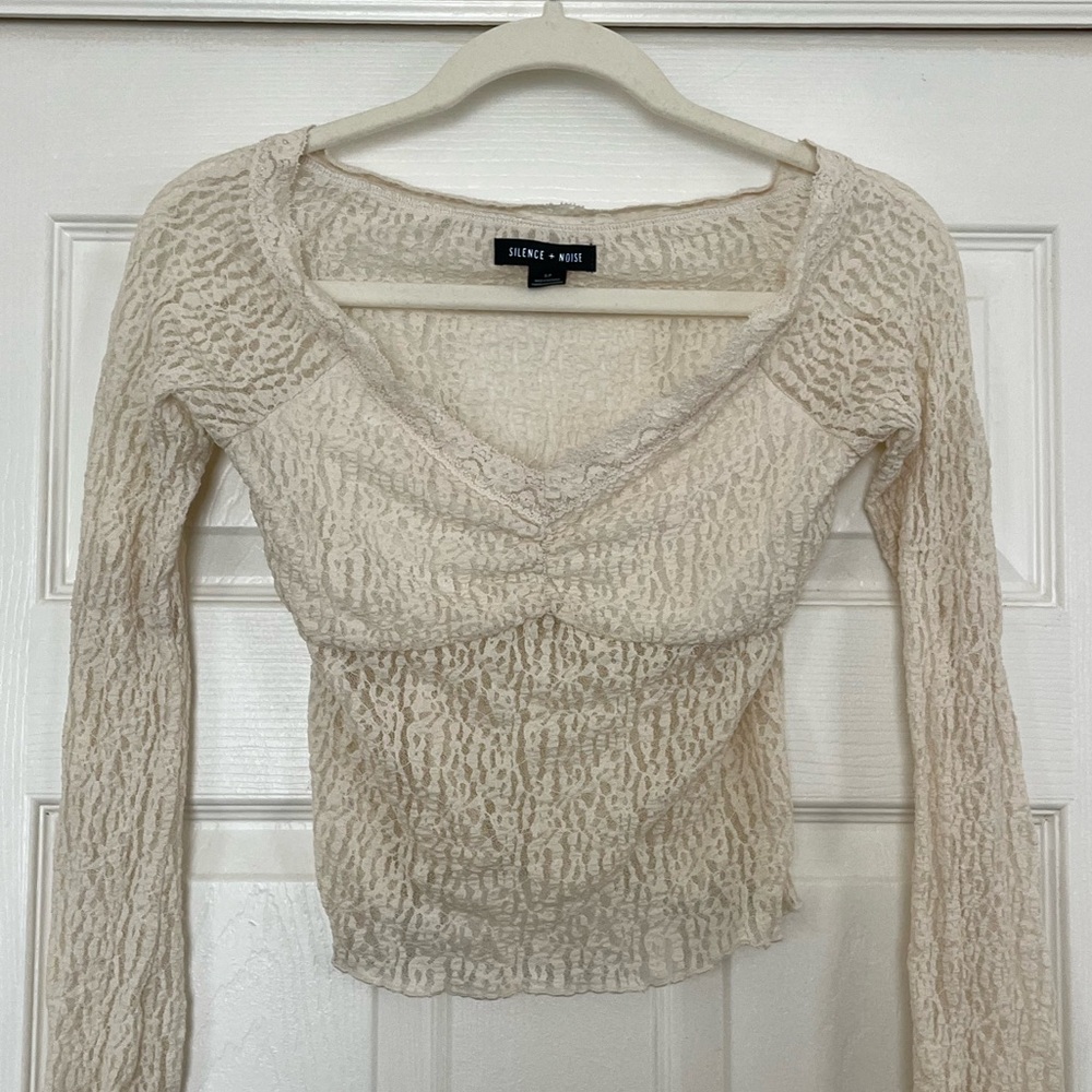 Urban Outfitters Textured Cream Long Sleeve Blouse